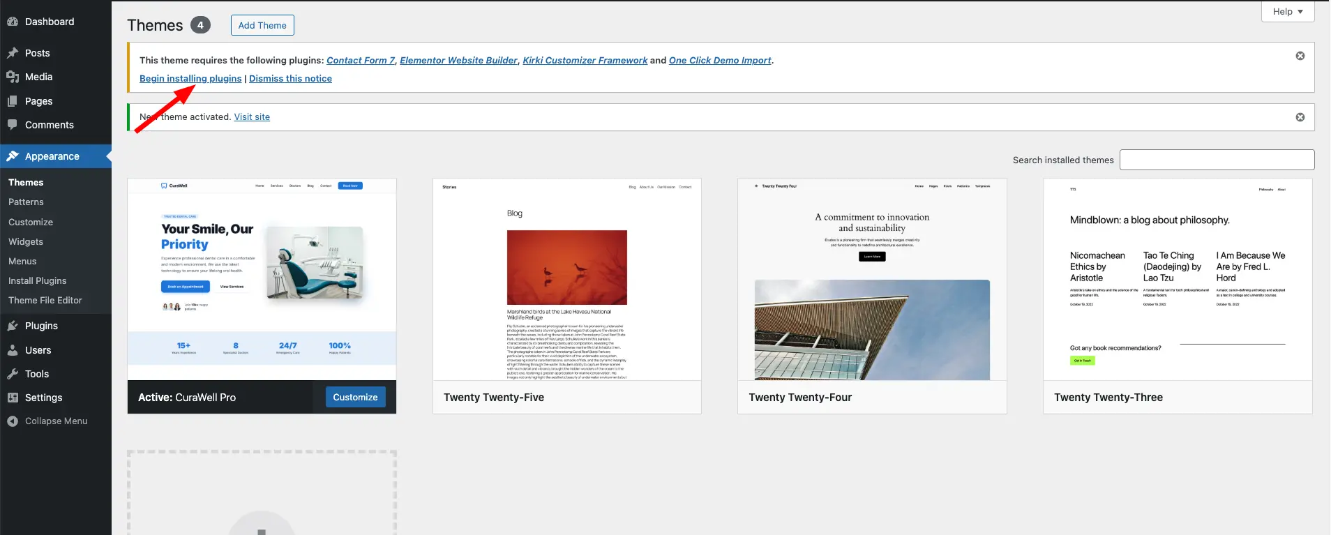 Screenshot of curawell theme installation